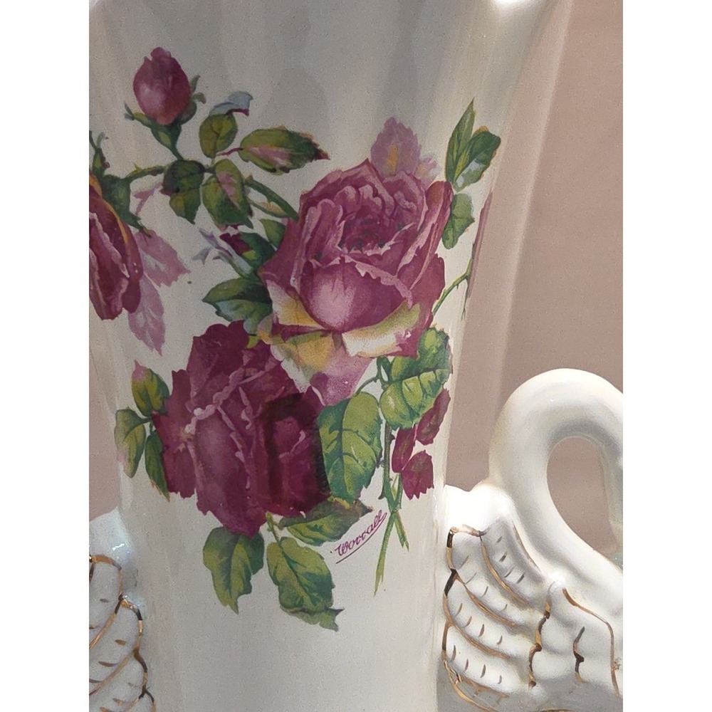 Victorian Style Lamp Worrall Roses Swans Gilded Ceramic 1940s Signed  Wescal Wrk - Picture 4 of 13